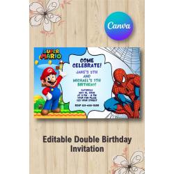 Twin Super Mario and Spiderman Invitation | Canva Template